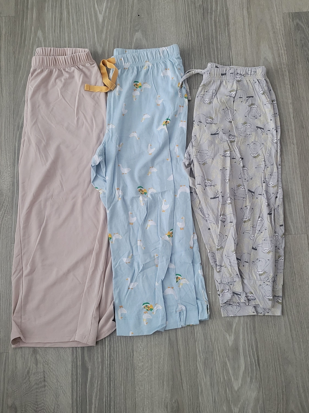 Women’s Pajama Pants Trio Lightweight, Soft, And Cropped. Sloth/Goose Patterns S